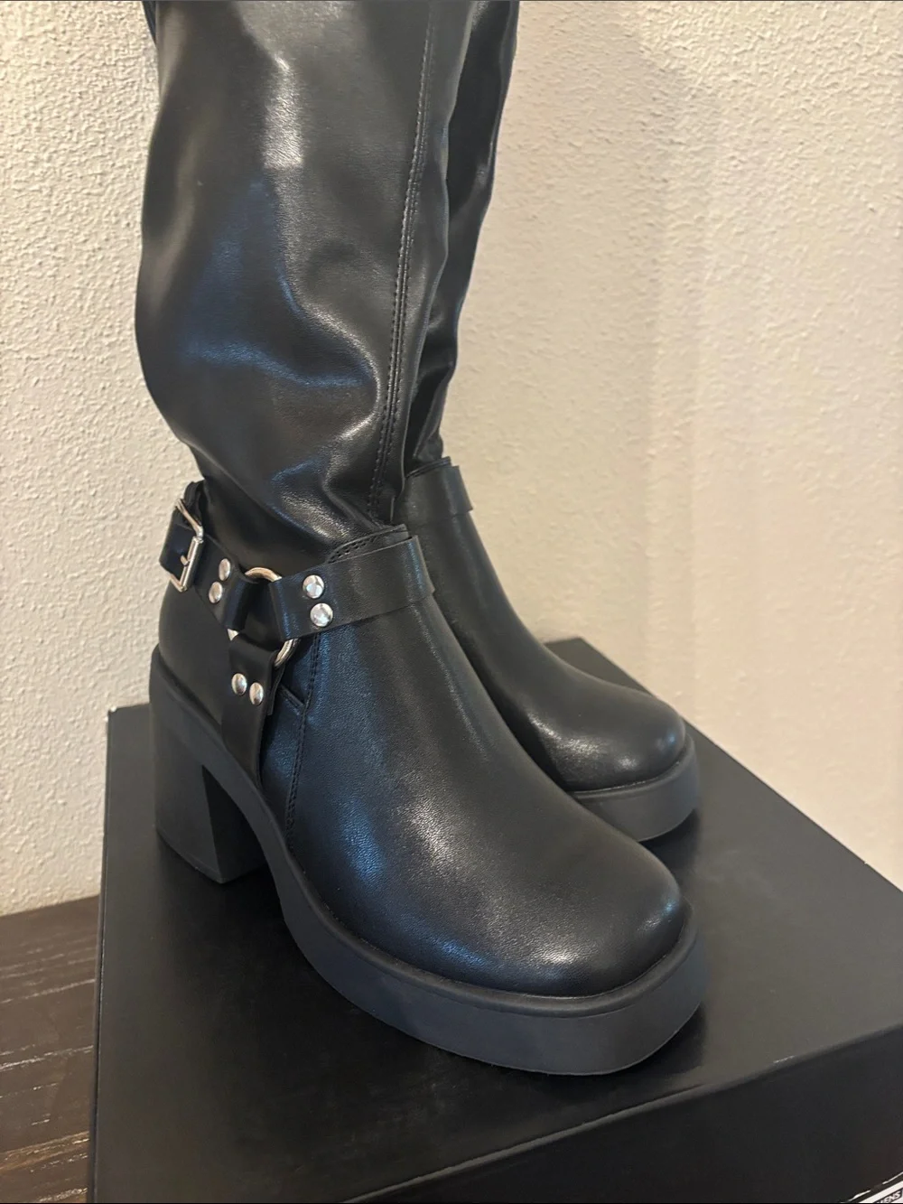 Madden NYC Women’s Black Knee Platform Boots with Buckle Strap 7